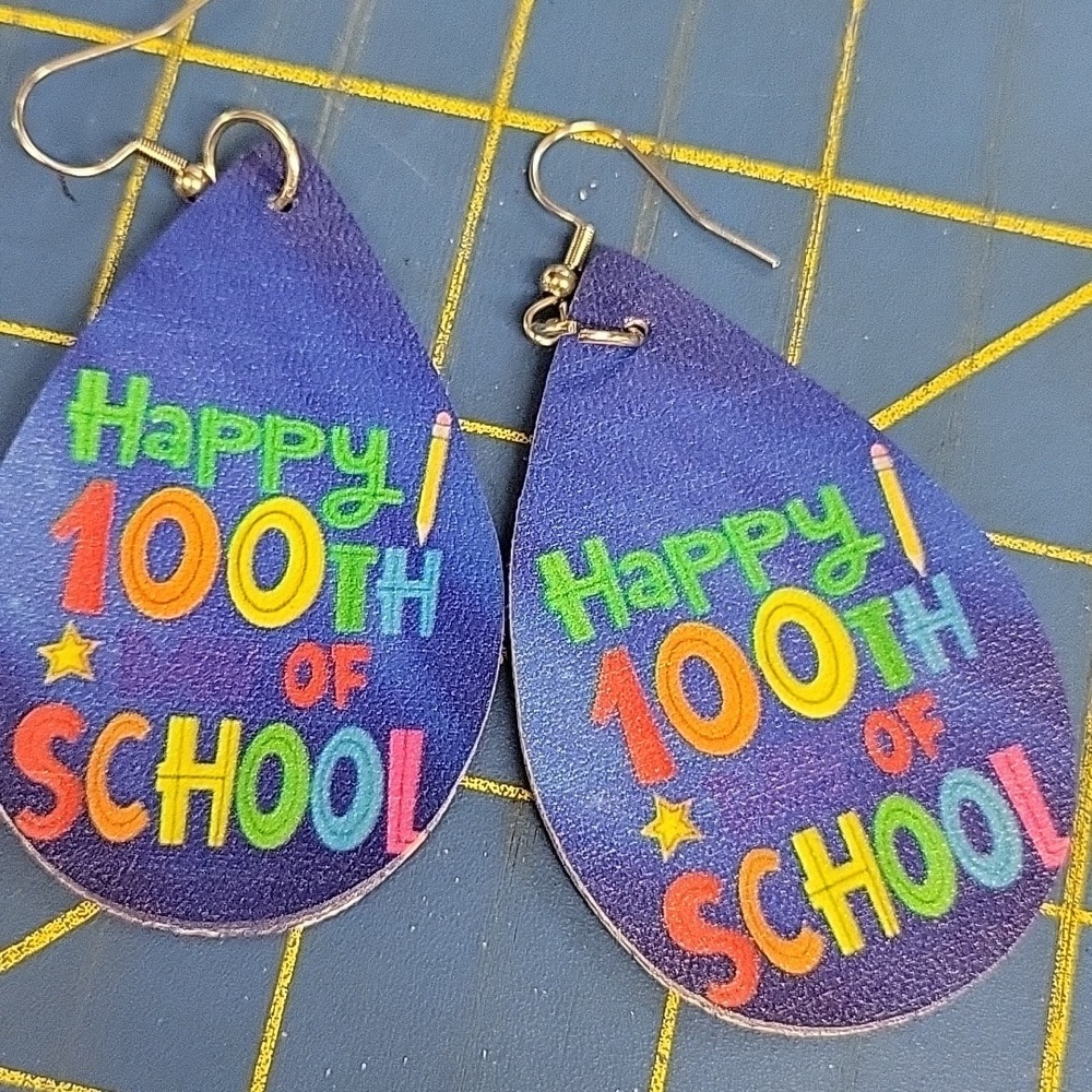 Happy 100th Day of School Blue Tear Drop Pleather Earrings Teacher